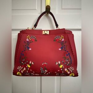 Red Vegan Leather Embroidered Top Handle Bag